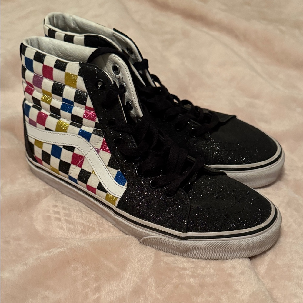 Vans High-Top Checkerboard Sneakers - Black glitter with Blue, Pink